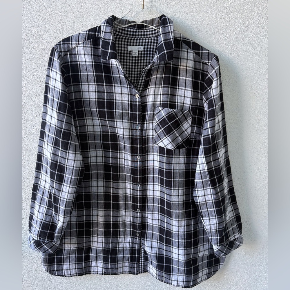 J Jill 1X Black White Plaid Button Up‎ Cotton Long Sleeve Shirt Western Rodeo